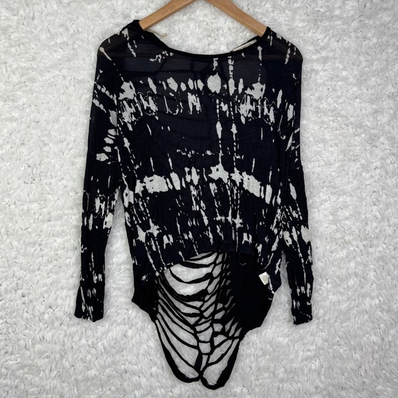 Arden B Tops - ARDEN B‎ Black Tie Dye Shredded Webbed back Long Sleeve Top Shirt Goth Grunge S